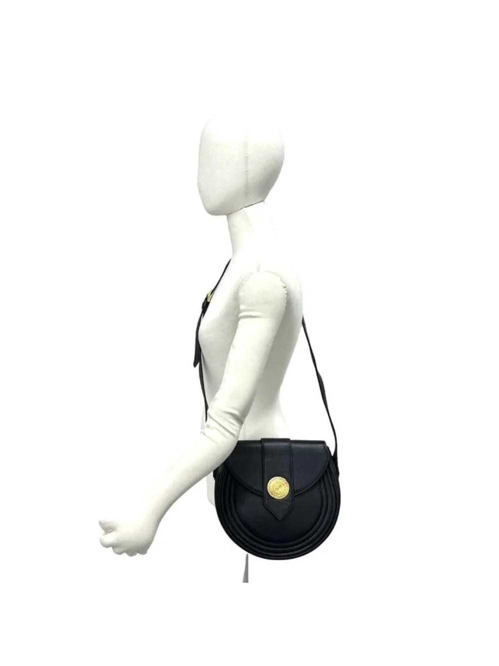 Saint Laurent Yves Vintage Round Logo Leather Shoulder Bag Black